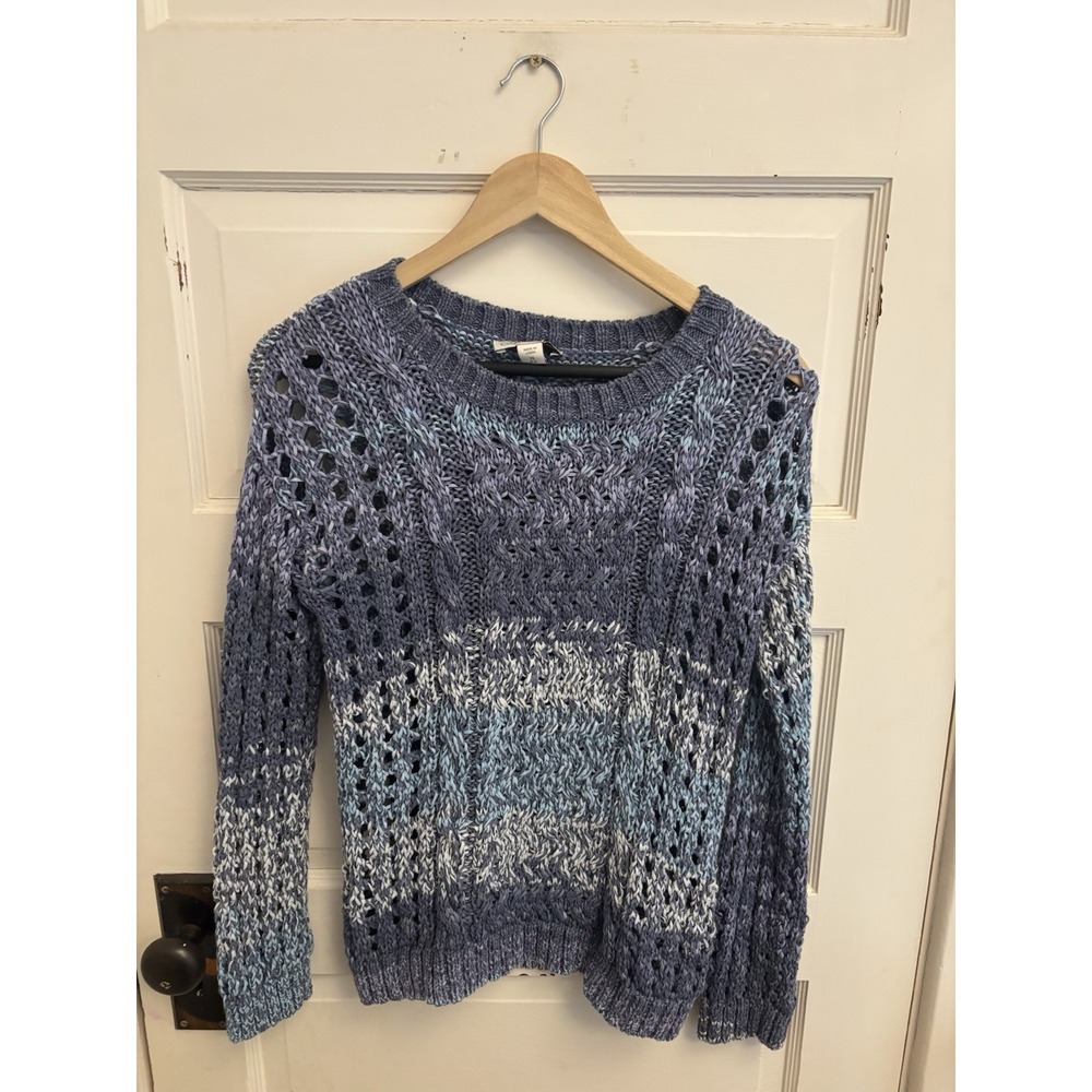 Coldwater Creek Women's Blue White Open Knit Sweater Cotton Blend Size XS (4-6)